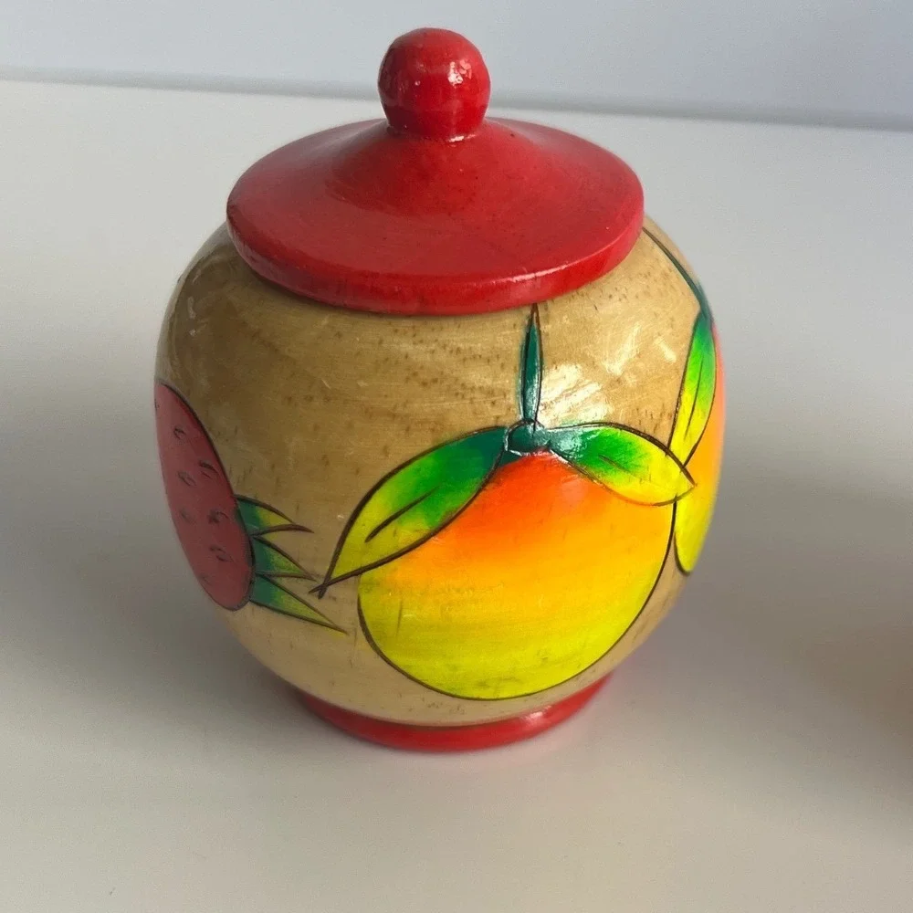 Vintage Hand Painted Wooden Fruit Canisters Set of 2 Red Lids Folk Art Jars
